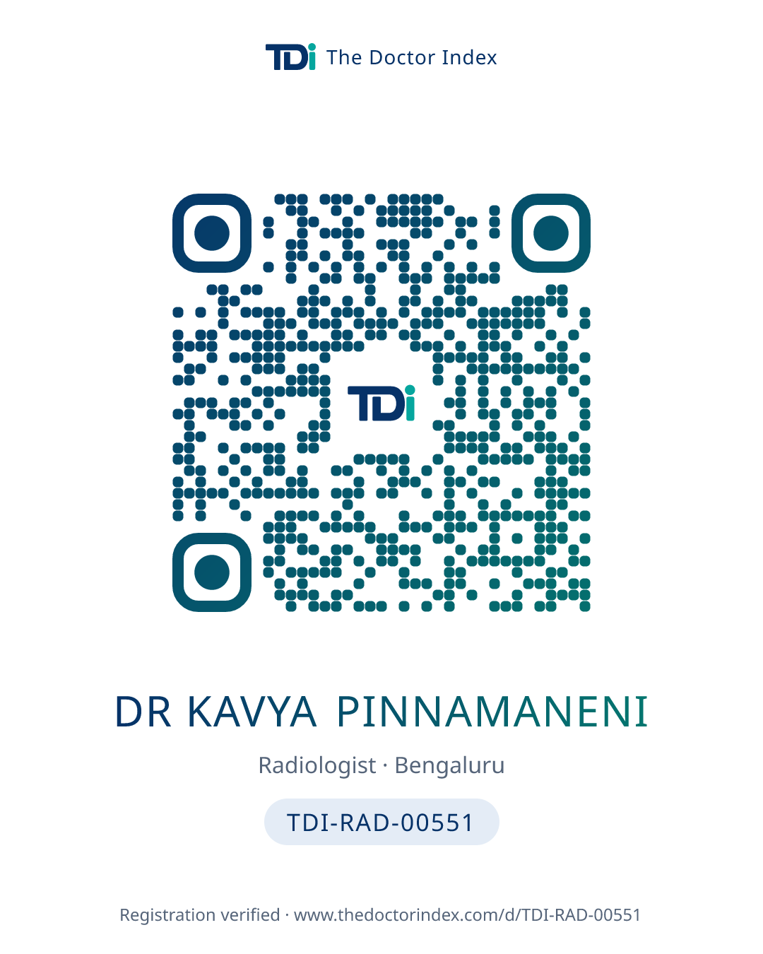 QR card for Dr Kavya Pinnamaneni, TDI-RAD-00551