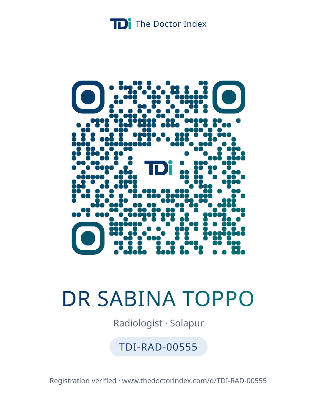 QR card for Dr Sabina Toppo, TDI-RAD-00555