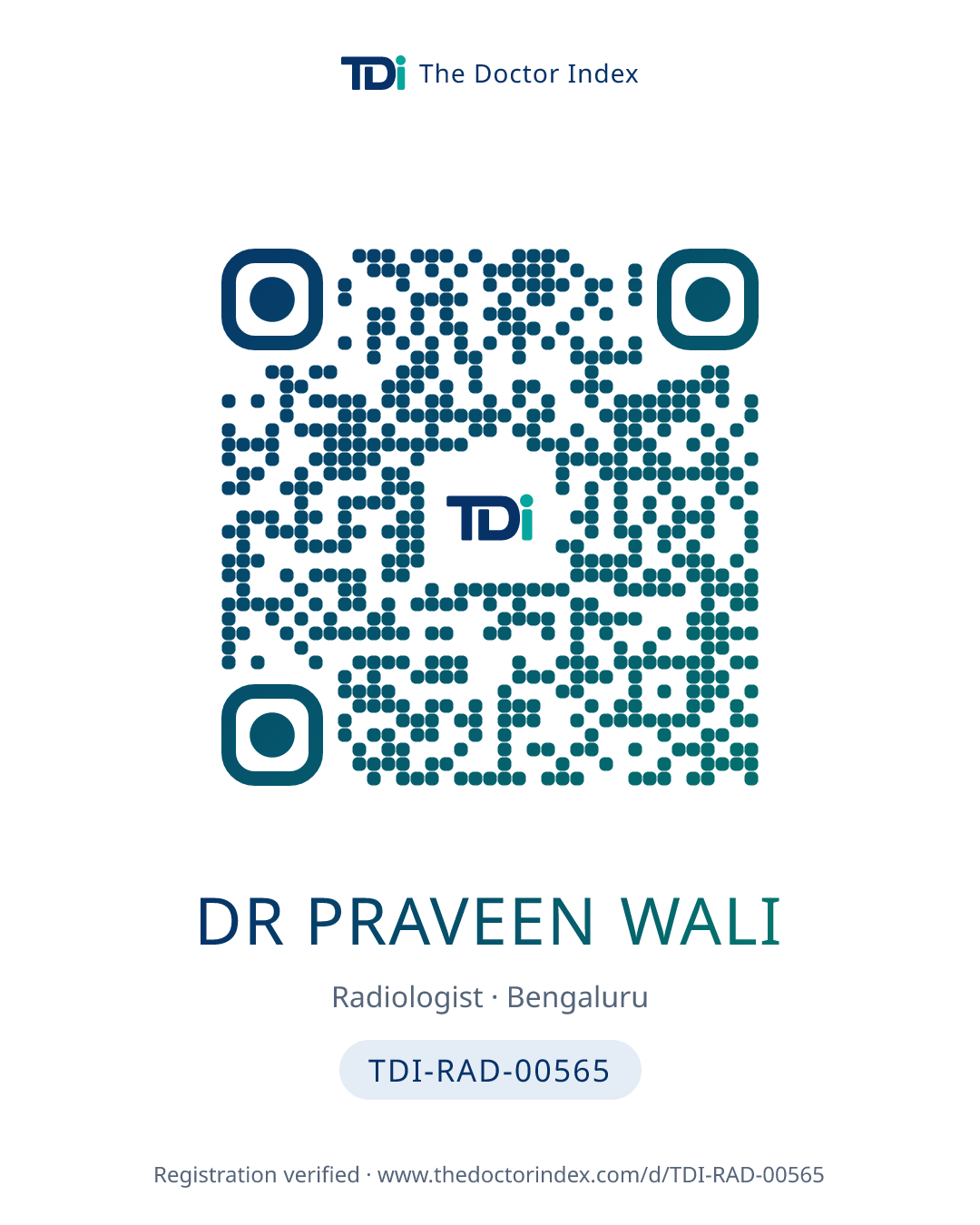 QR card for Dr Praveen Wali, TDI-RAD-00565