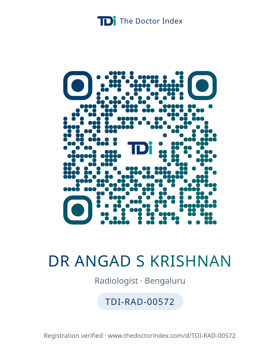 QR card for Dr Angad S Krishnan, TDI-RAD-00572