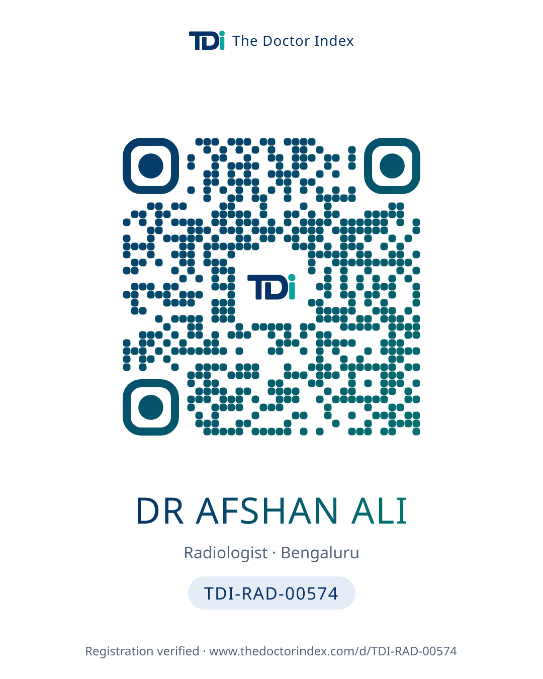 QR card for Dr Afshan Ali, TDI-RAD-00574