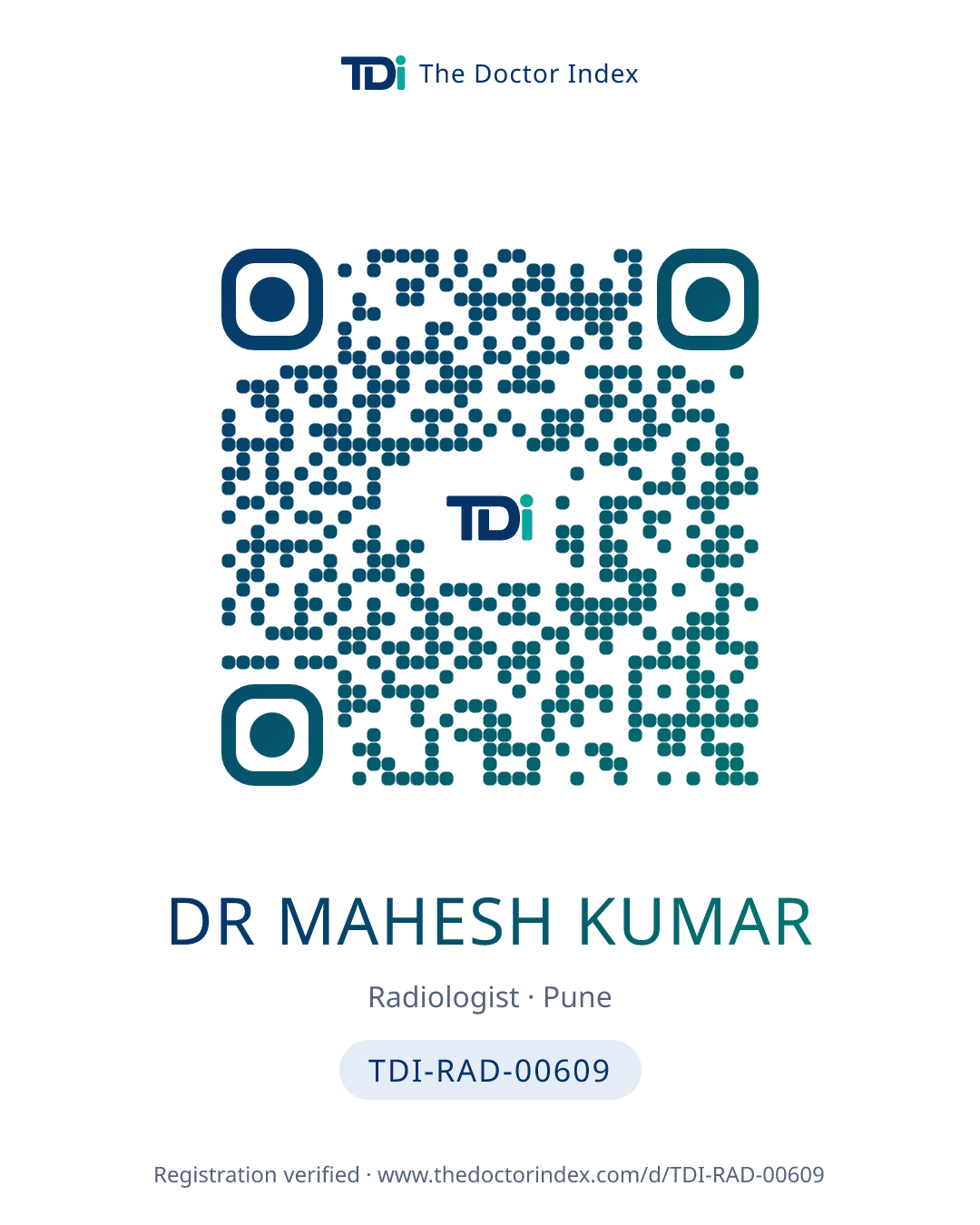 QR card for Dr Mahesh Kumar, TDI-RAD-00609