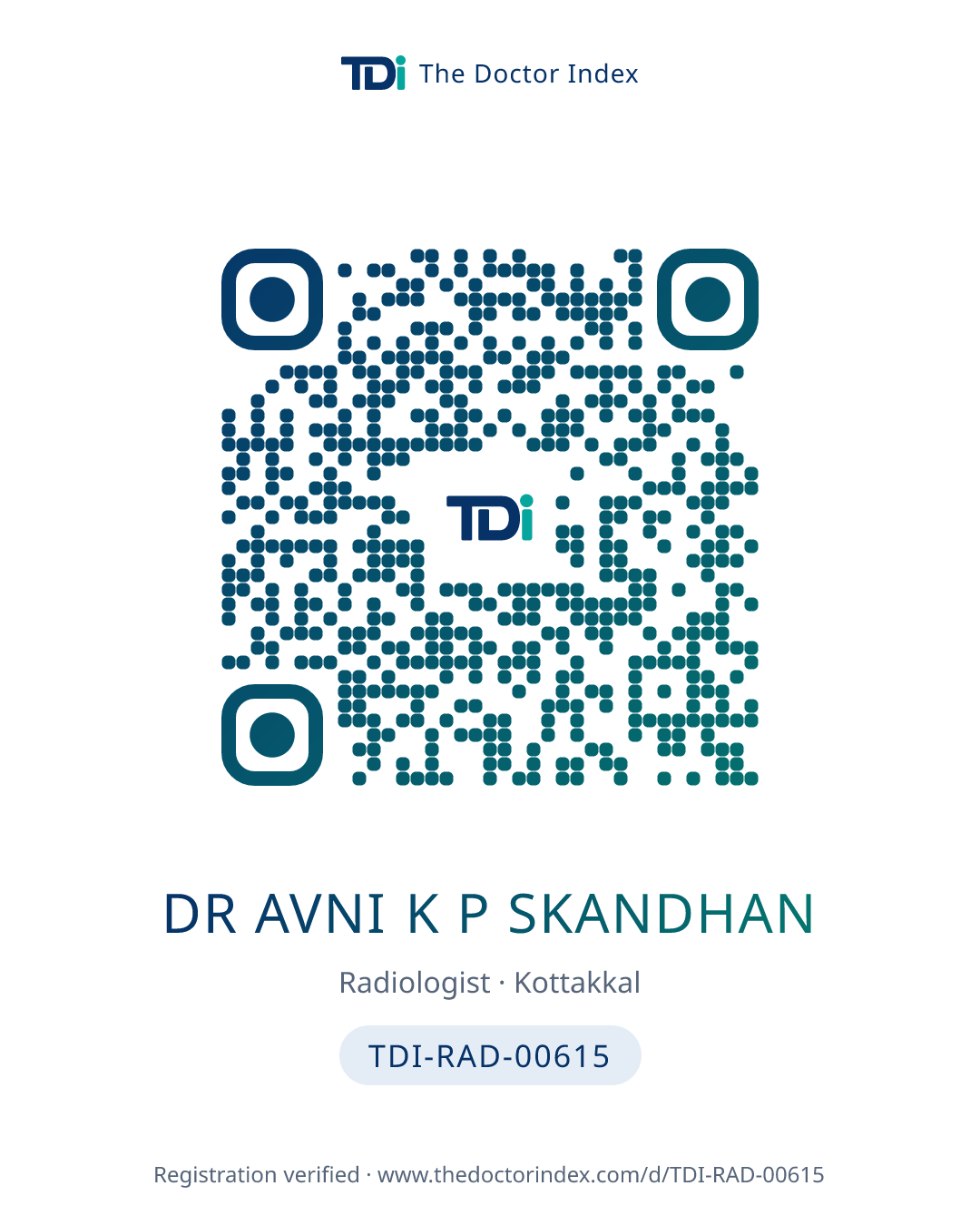QR card for Dr Avni K P Skandhan, TDI-RAD-00615