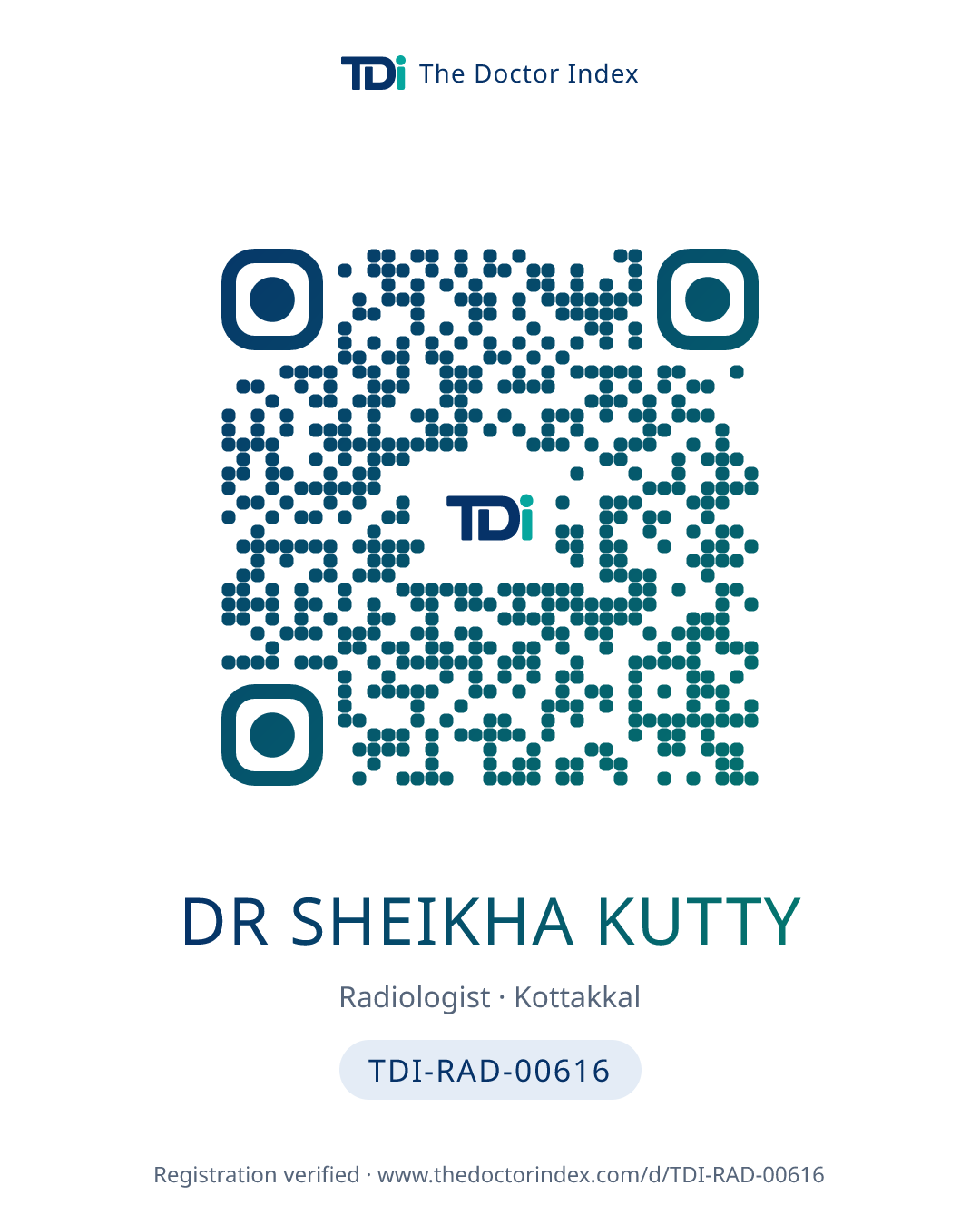 QR card for Dr Sheikha Kutty, TDI-RAD-00616