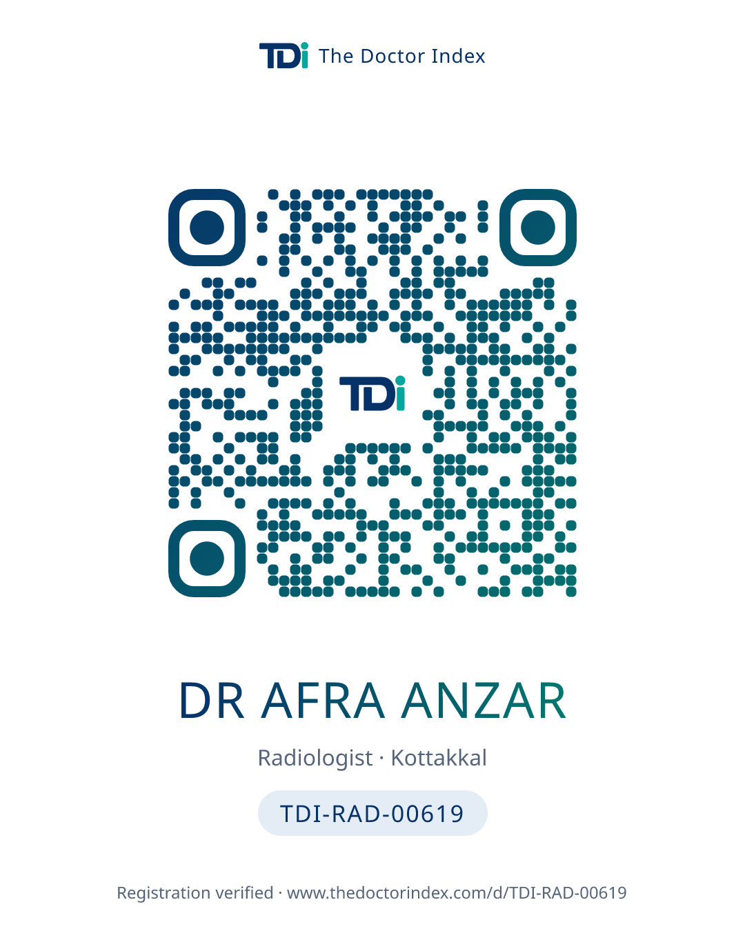 QR card for Dr Afra Anzar, TDI-RAD-00619
