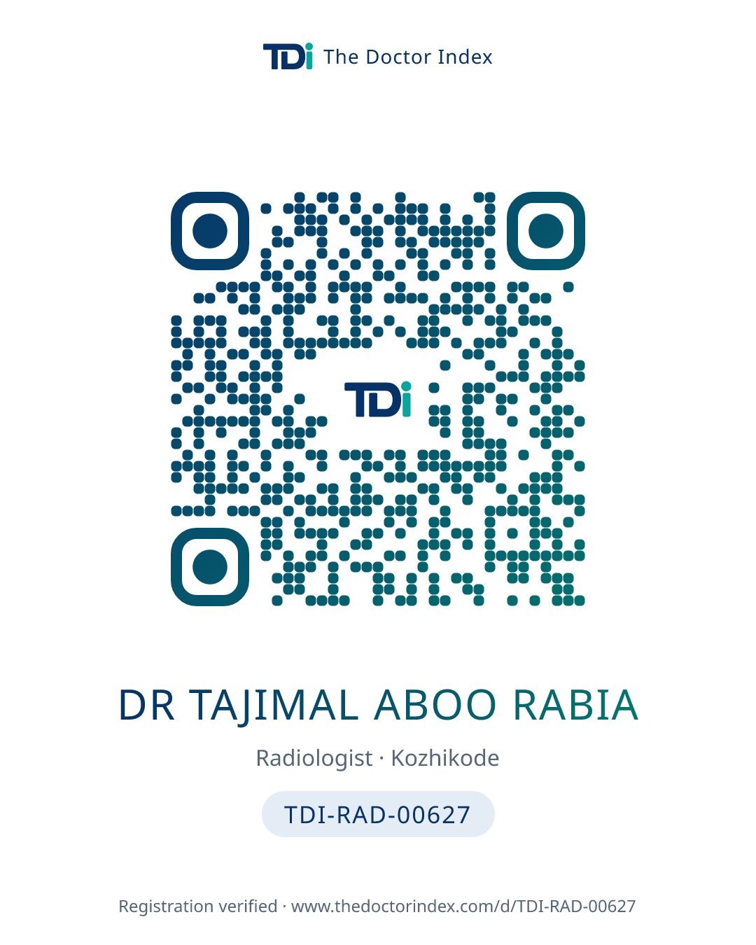 QR card for Dr Tajimal Aboo Rabia, TDI-RAD-00627