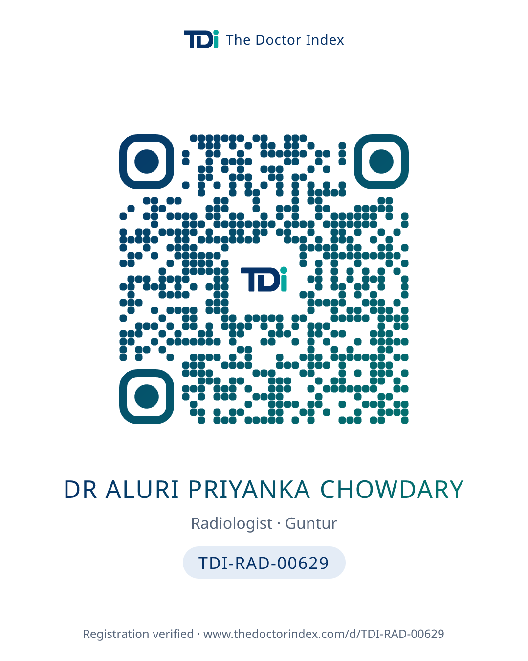QR card for Dr Aluri Priyanka Chowdary, TDI-RAD-00629
