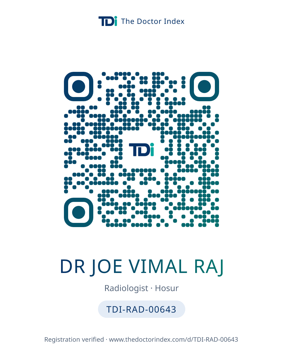 QR card for Dr Joe Vimal Raj, TDI-RAD-00643