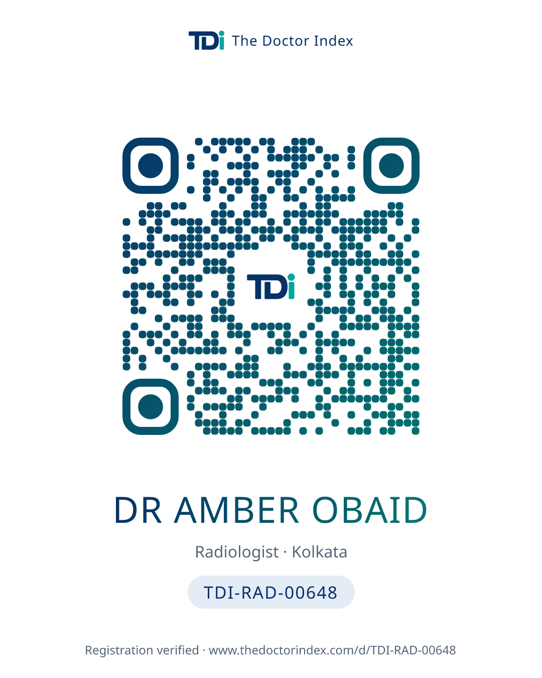 QR card for Dr Amber Obaid, TDI-RAD-00648