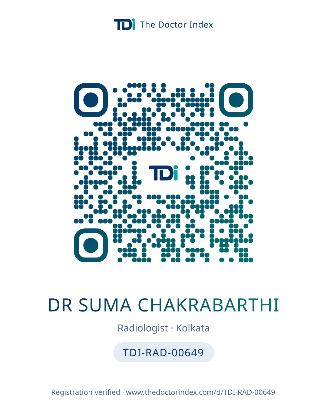 QR card for Dr Suma Chakrabarthi, TDI-RAD-00649