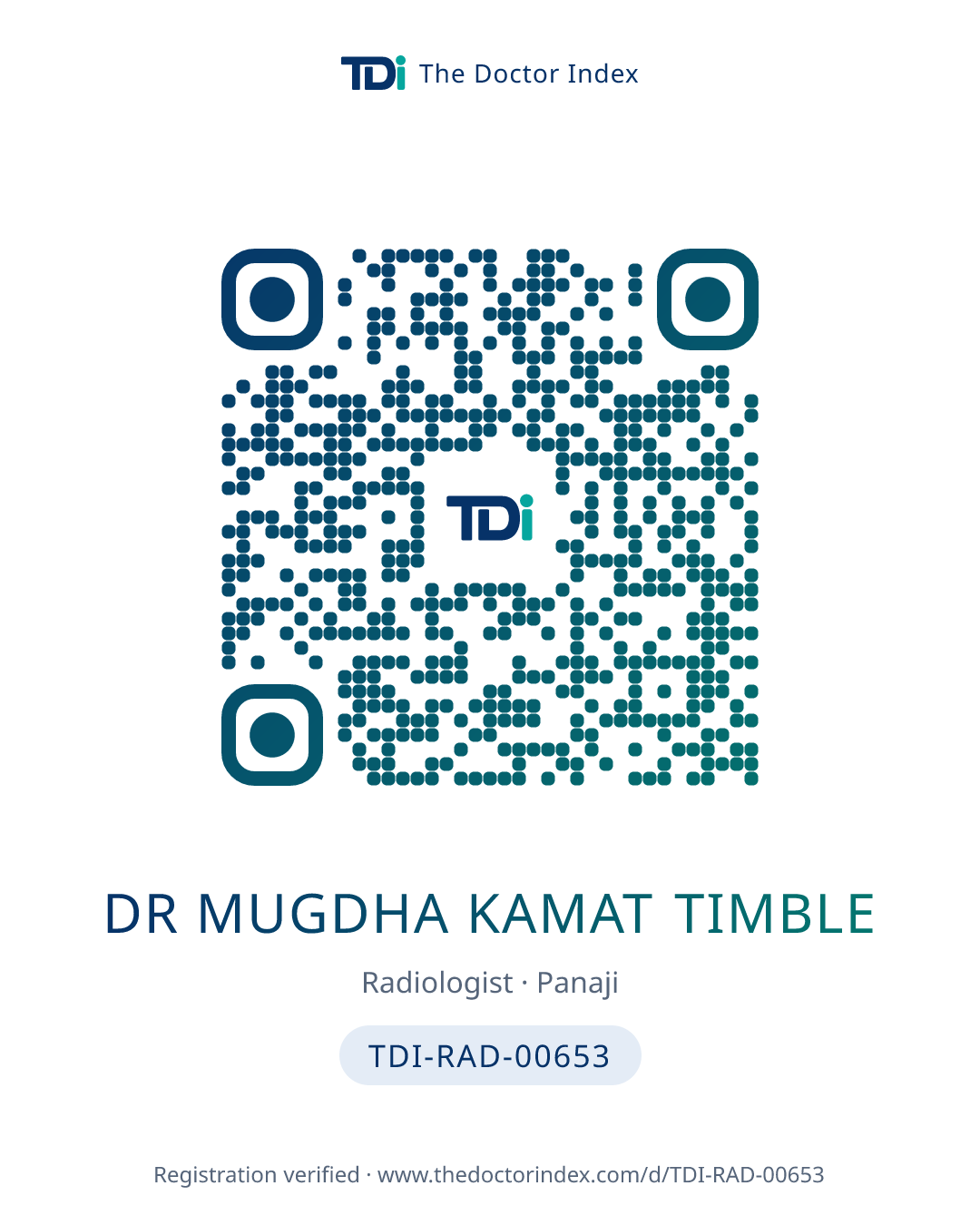QR card for Dr Mugdha Kamat Timble, TDI-RAD-00653