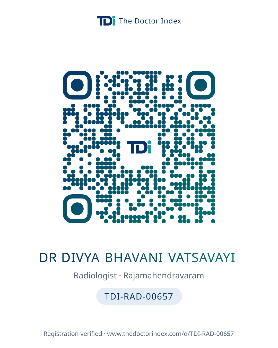 QR card for Dr Divya Bhavani Vatsavayi, TDI-RAD-00657