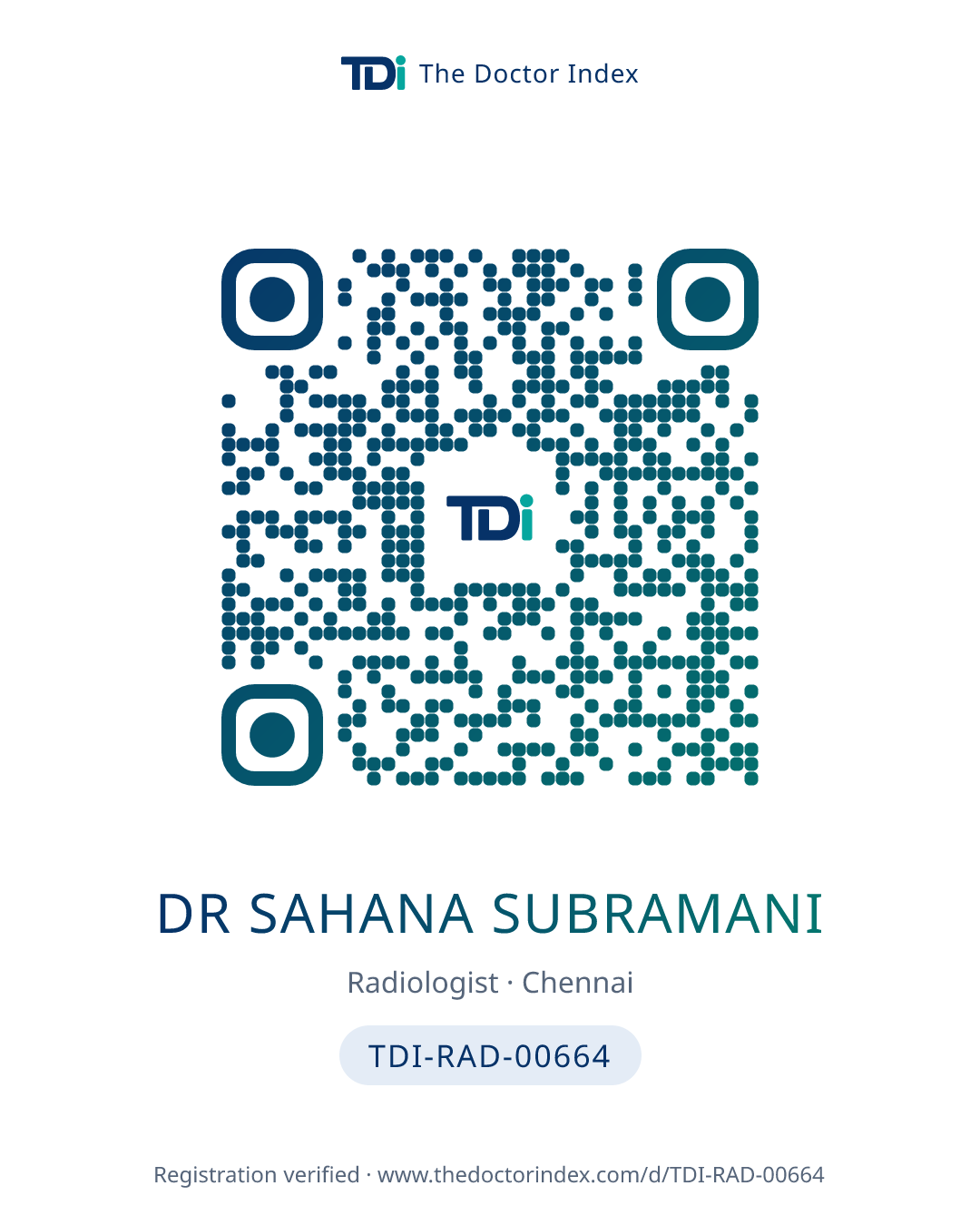 QR card for Dr Sahana Subramani, TDI-RAD-00664
