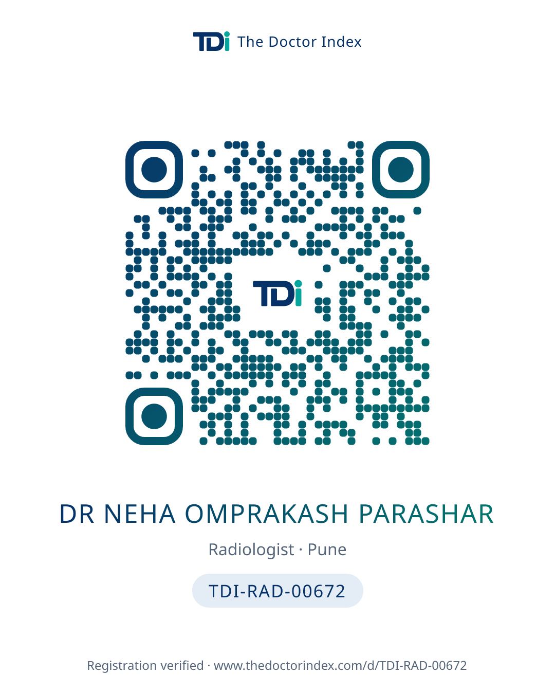 QR card for Dr Neha Omprakash Parashar, TDI-RAD-00672