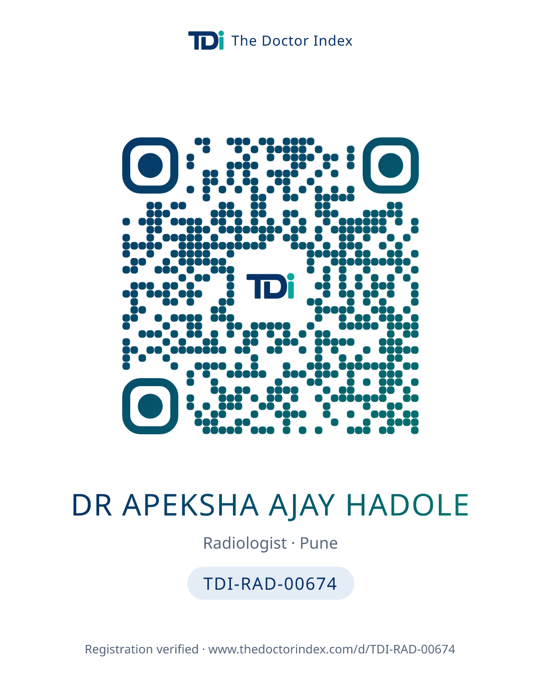 QR card for Dr Apeksha Ajay Hadole, TDI-RAD-00674