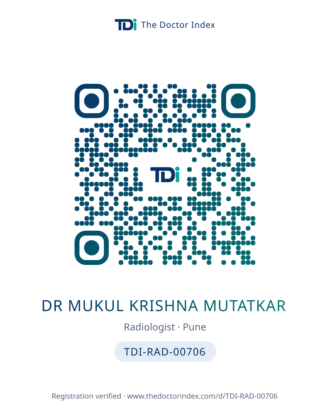 QR card for Dr Mukul Krishna Mutatkar, TDI-RAD-00706