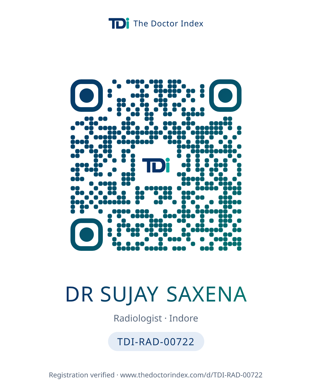 QR card for Dr Sujay Saxena, TDI-RAD-00722