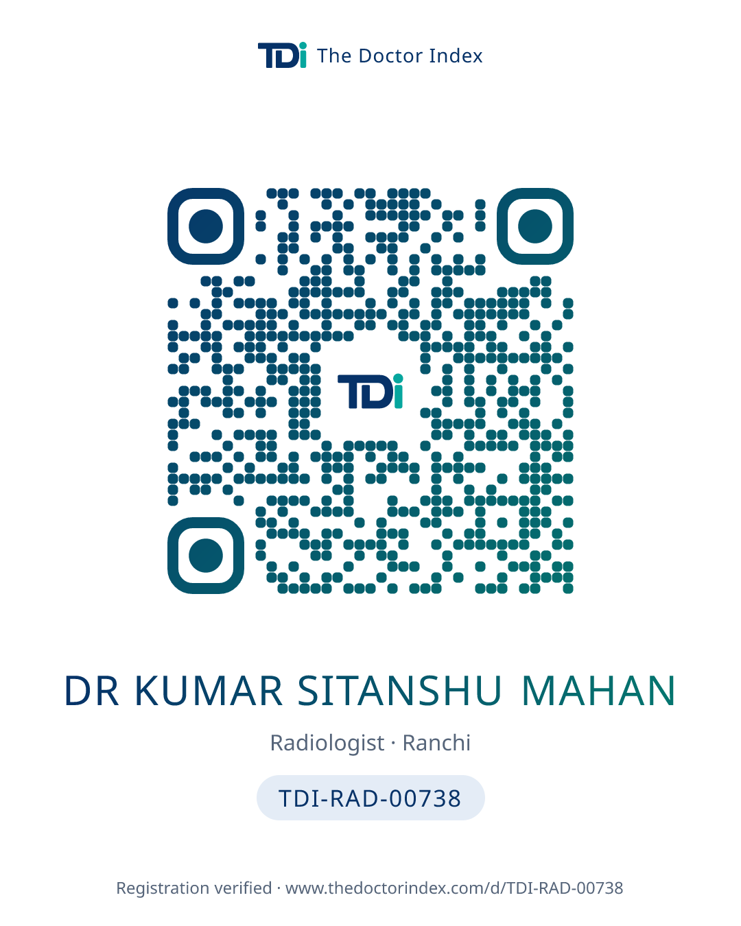 QR card for Dr Kumar Sitanshu Mahan, TDI-RAD-00738