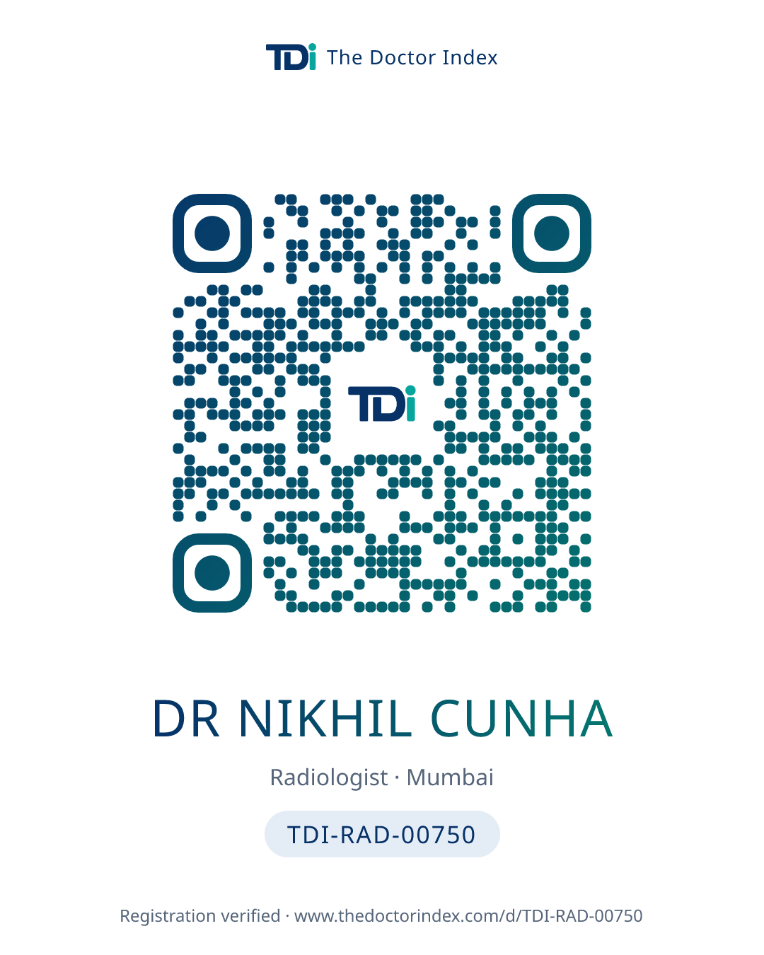 QR card for Dr Nikhil Cunha, TDI-RAD-00750