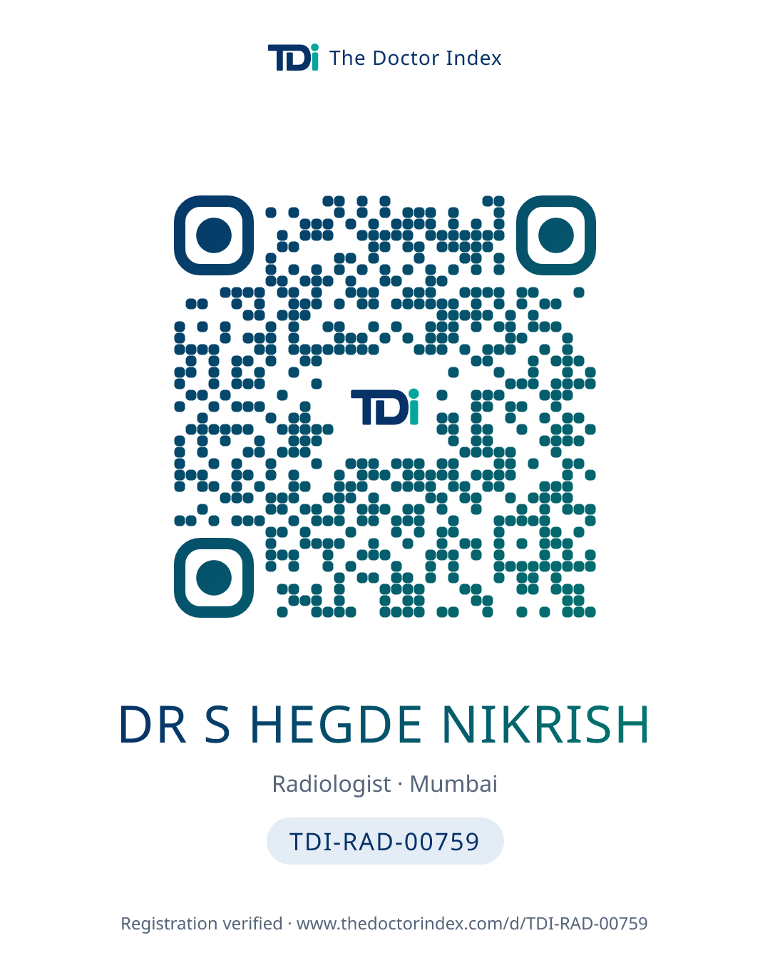 QR card for Dr S Hegde Nikrish, TDI-RAD-00759