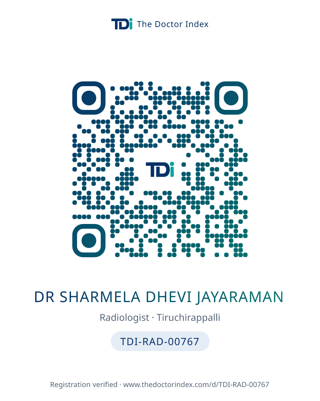 QR card for Dr Sharmela Dhevi Jayaraman, TDI-RAD-00767