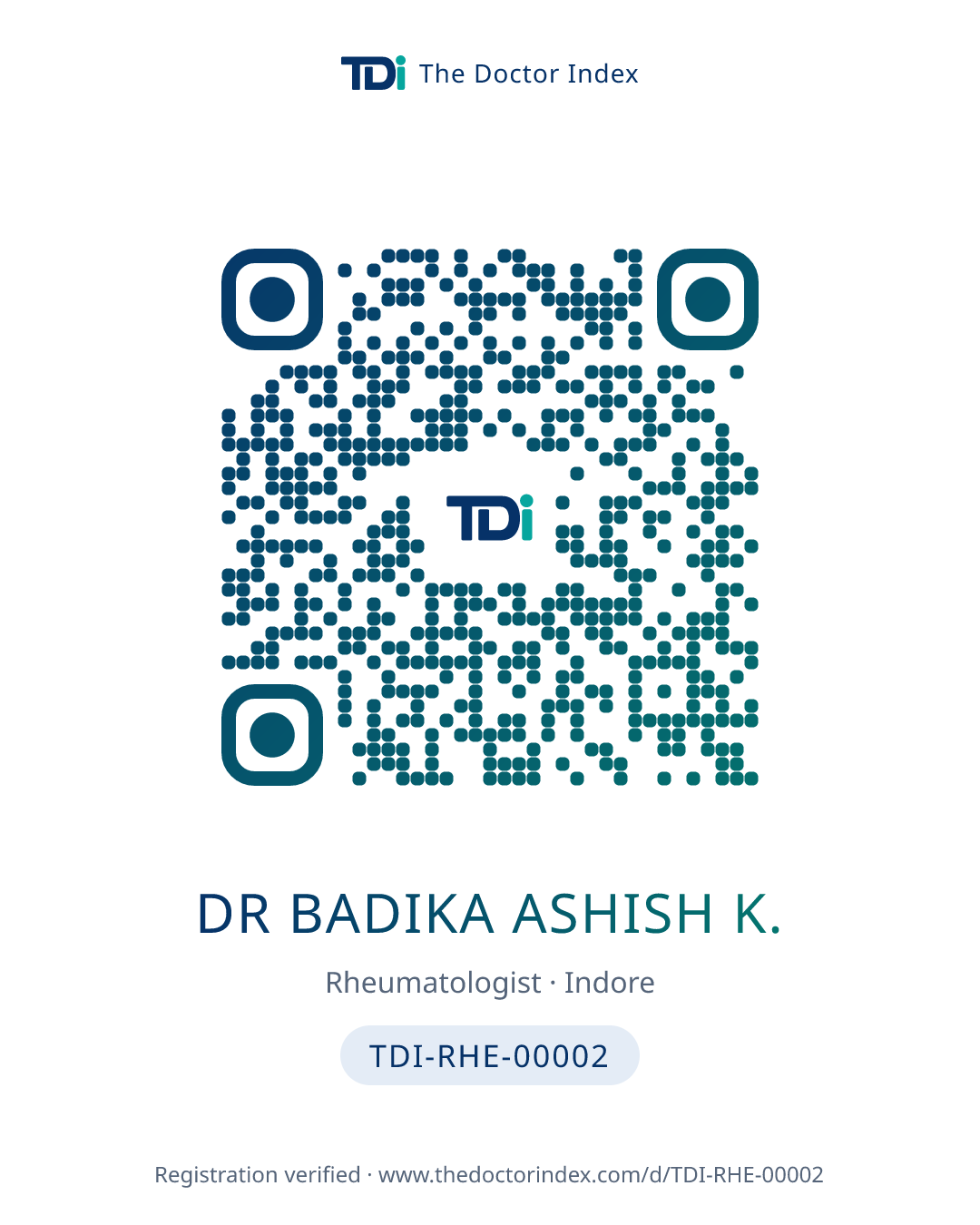 QR card for Dr Badika Ashish K., TDI-RHE-00002