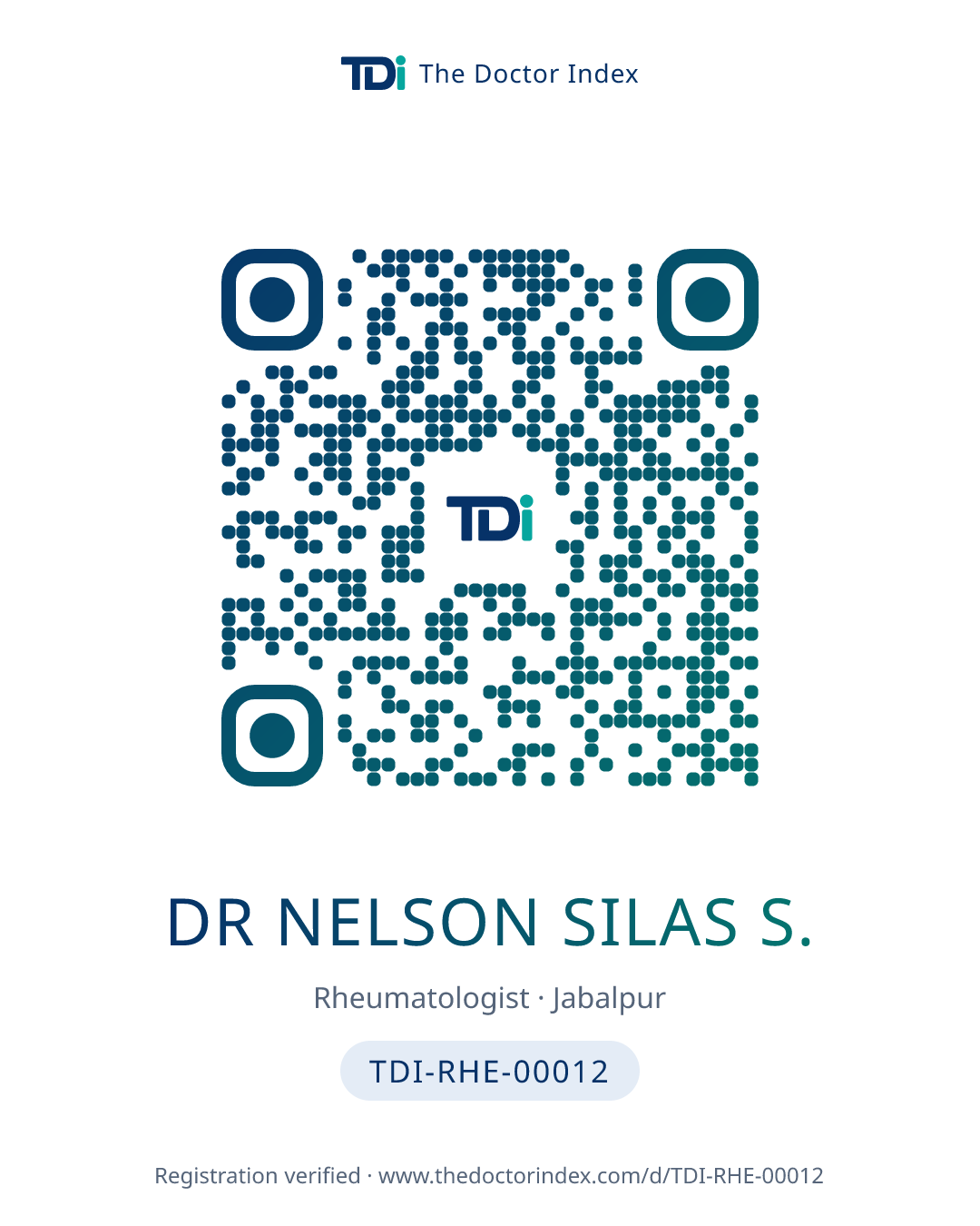 QR card for Dr Nelson Silas S., TDI-RHE-00012