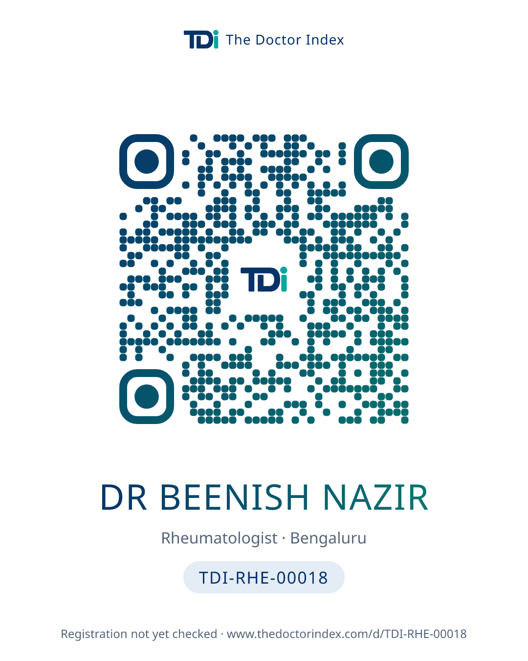 QR card for Dr Beenish Nazir, TDI-RHE-00018
