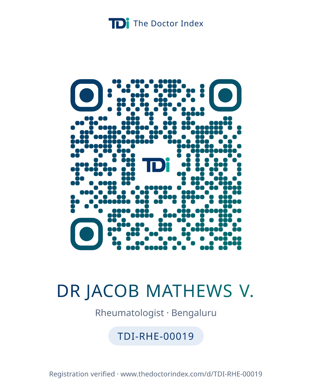 QR card for Dr Jacob Mathews V., TDI-RHE-00019