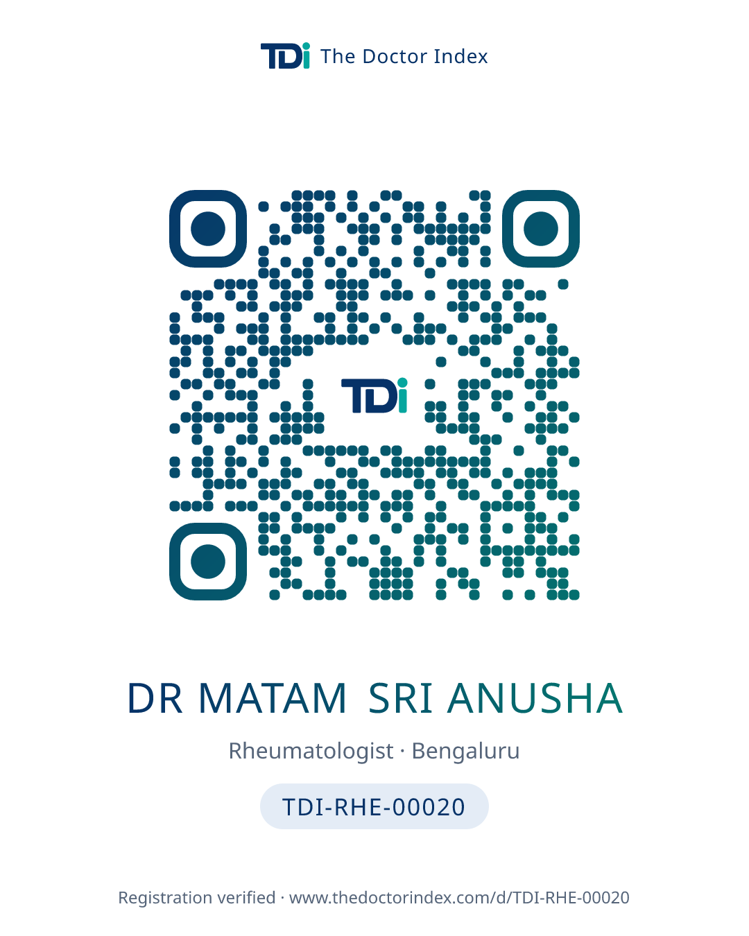 QR card for Dr Matam Sri Anusha, TDI-RHE-00020