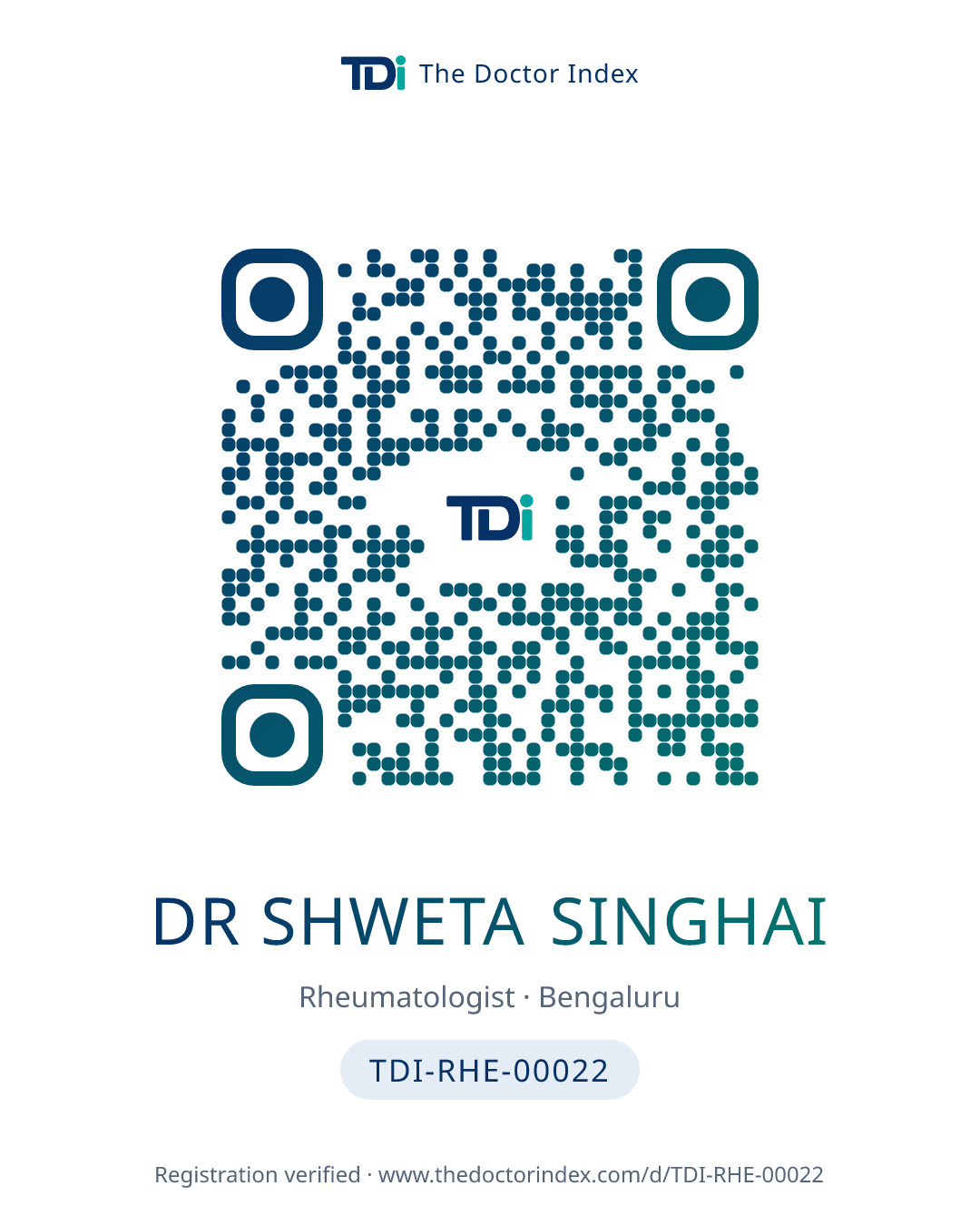 QR card for Dr Shweta Singhai, TDI-RHE-00022