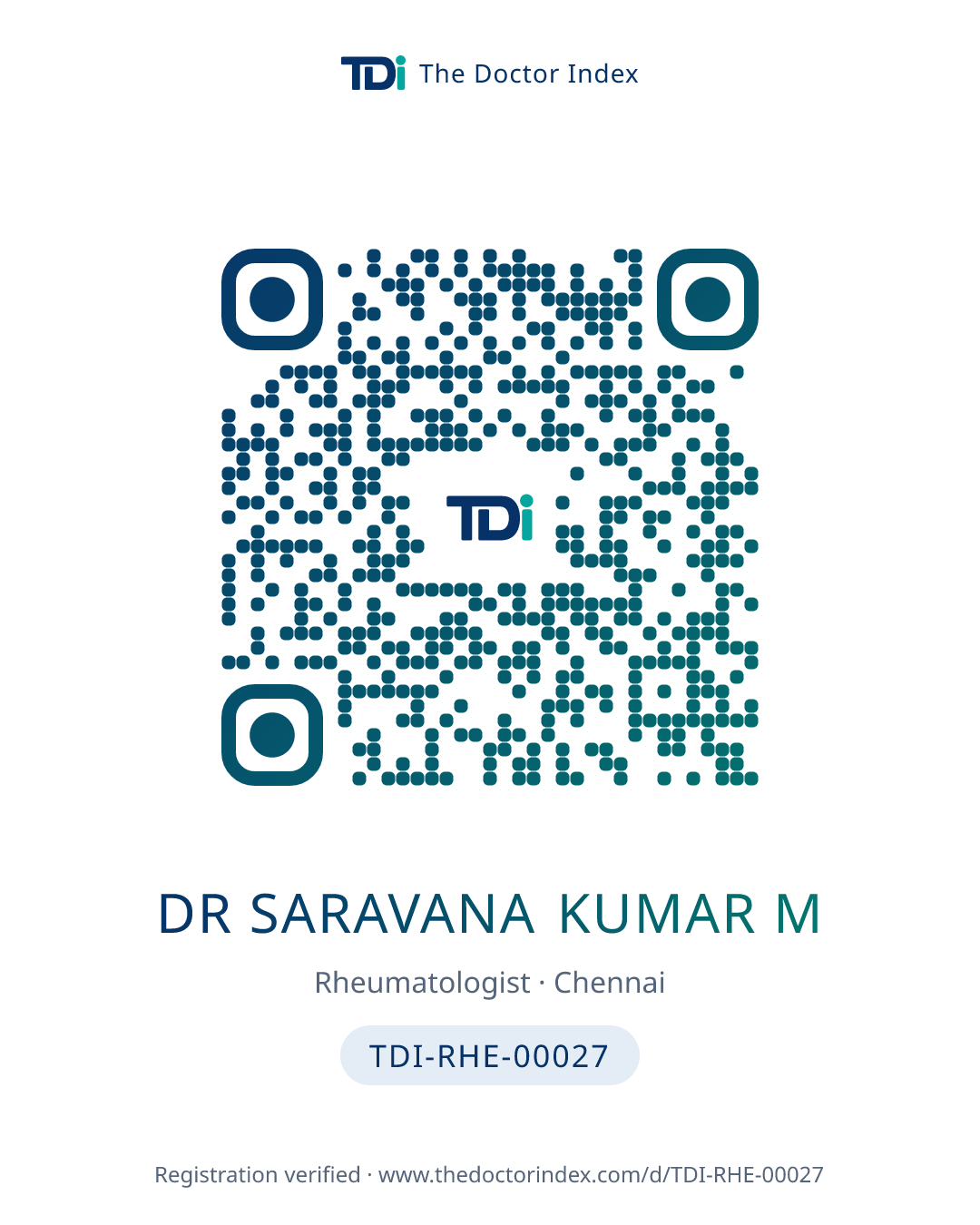 QR card for Dr Saravana Kumar M, TDI-RHE-00027