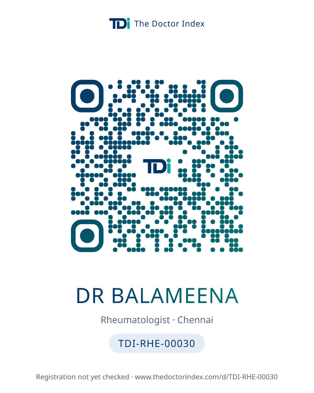 QR card for Dr Balameena, TDI-RHE-00030