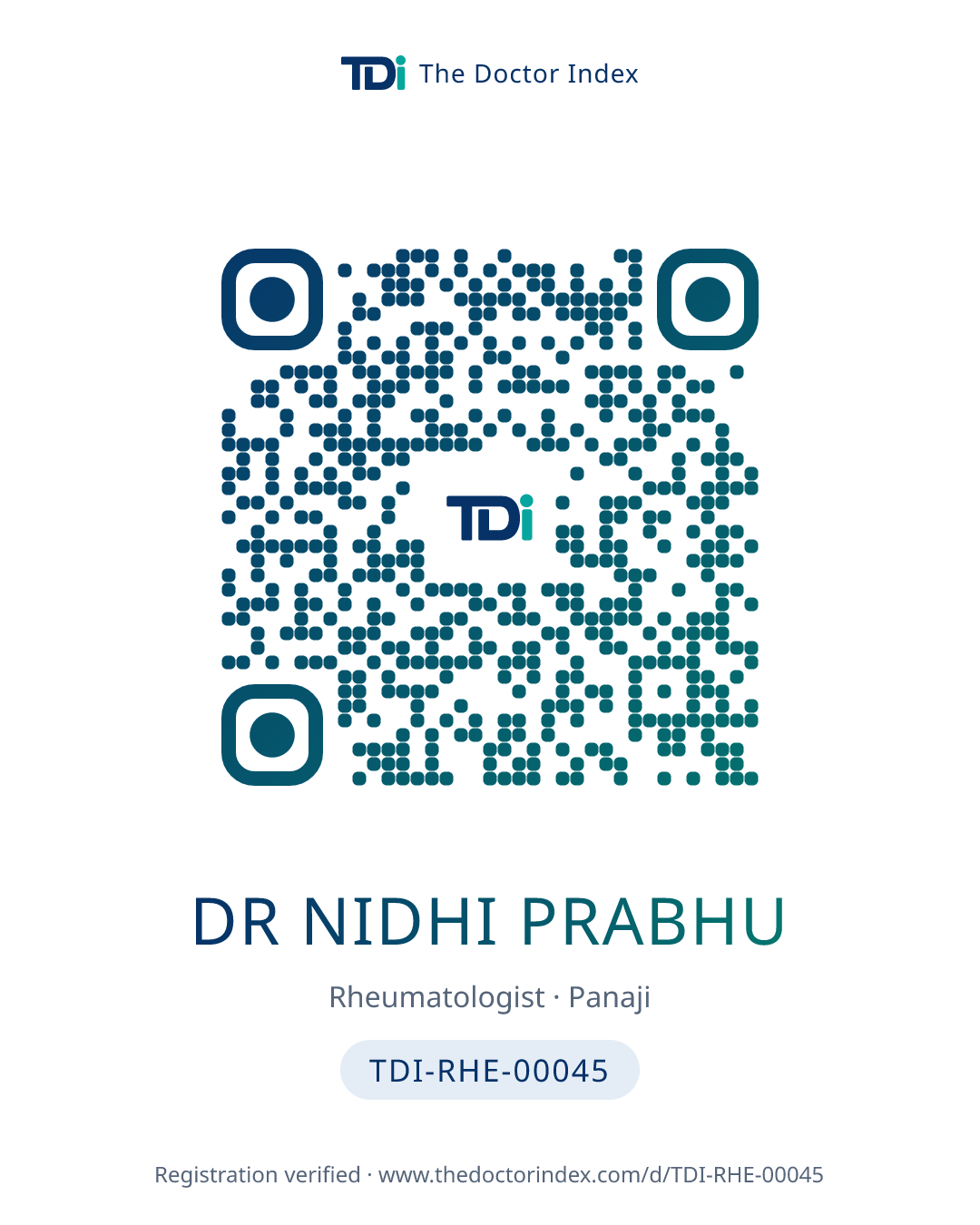 QR card for Dr Nidhi Prabhu, TDI-RHE-00045