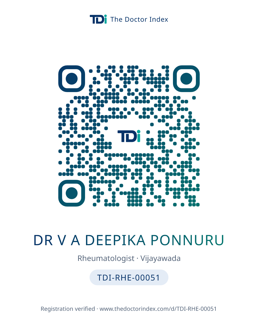 QR card for Dr V A Deepika Ponnuru, TDI-RHE-00051