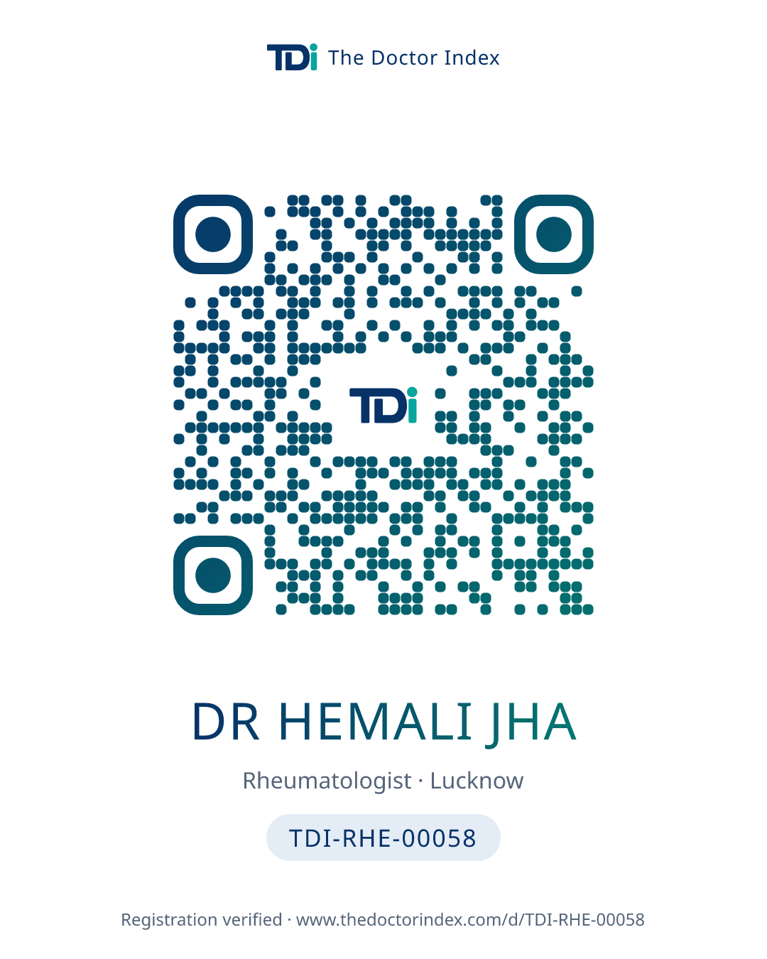 QR card for Dr Hemali Jha, TDI-RHE-00058