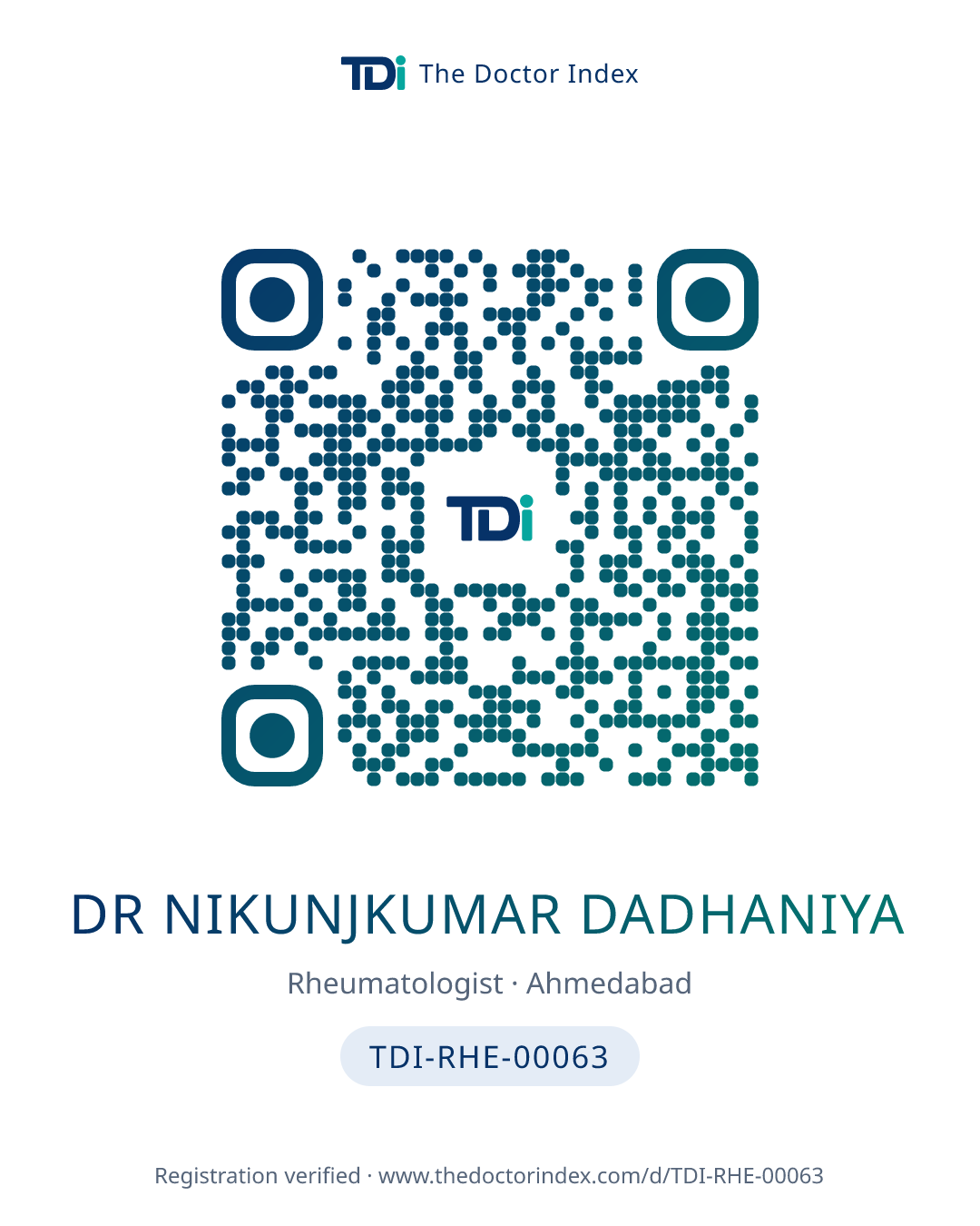 QR card for Dr Nikunjkumar Dadhaniya, TDI-RHE-00063