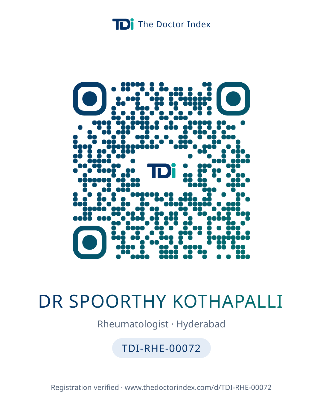 QR card for Dr Spoorthy Kothapalli, TDI-RHE-00072