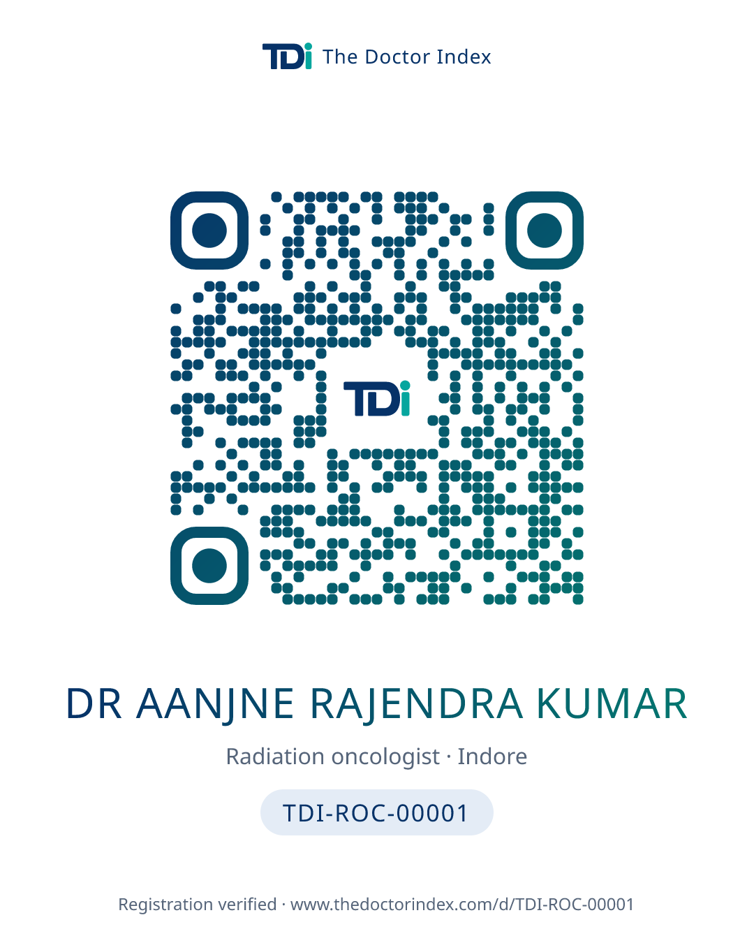 QR card for Dr Aanjne Rajendra Kumar, TDI-ROC-00001
