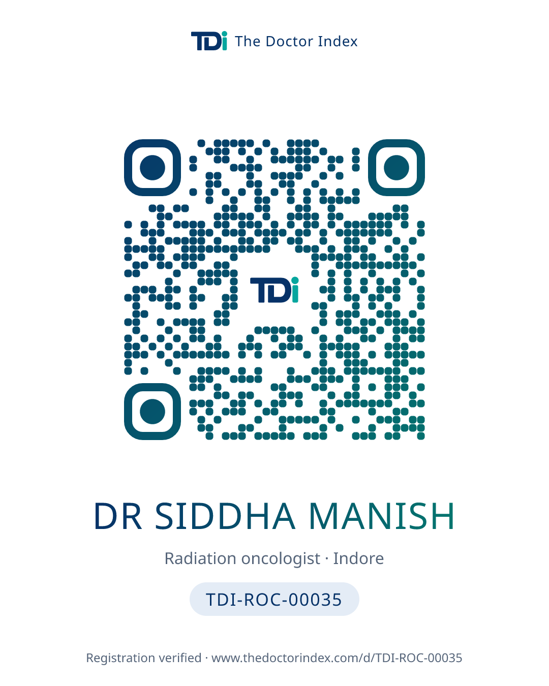 QR card for Dr Siddha Manish, TDI-ROC-00035