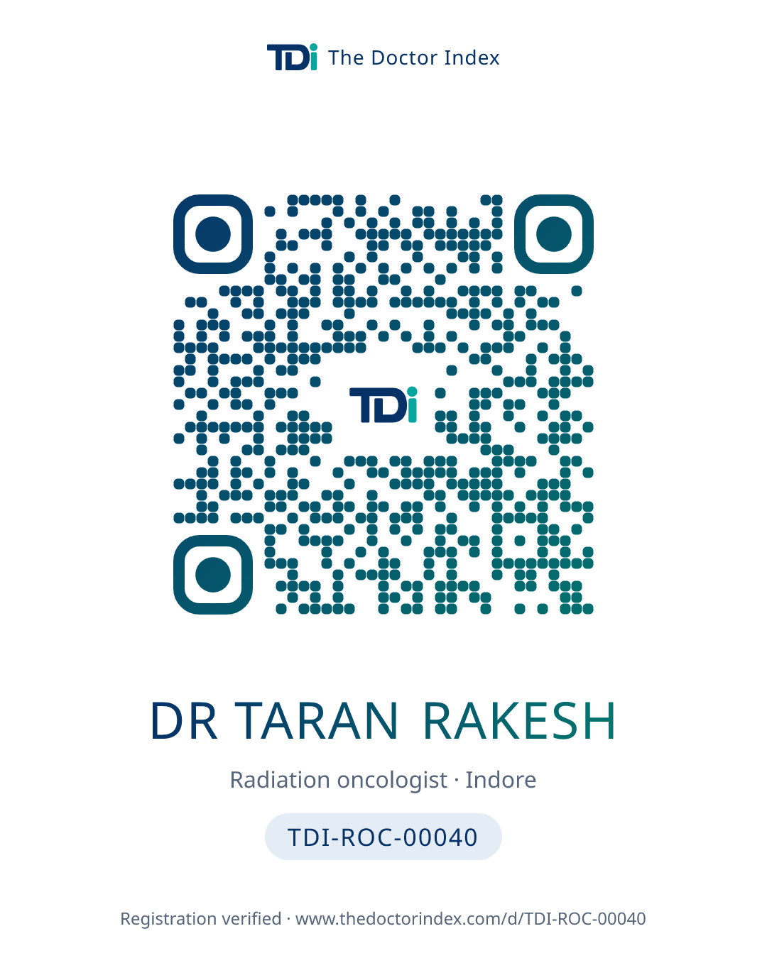 QR card for Dr Taran Rakesh, TDI-ROC-00040