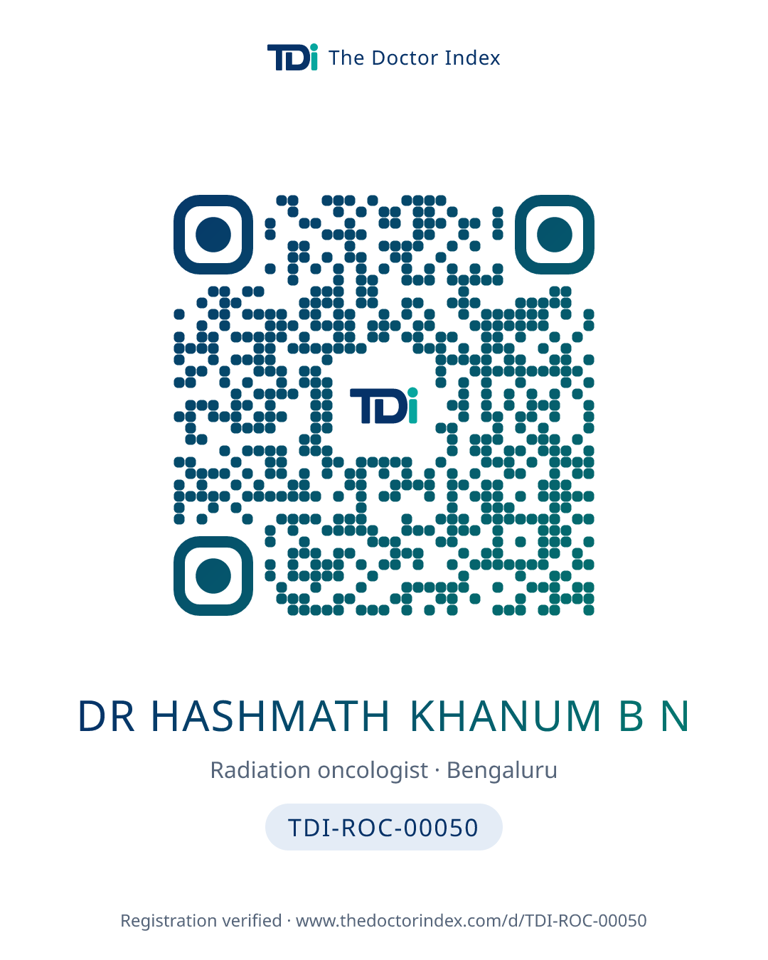 QR card for Dr Hashmath Khanum B N, TDI-ROC-00050