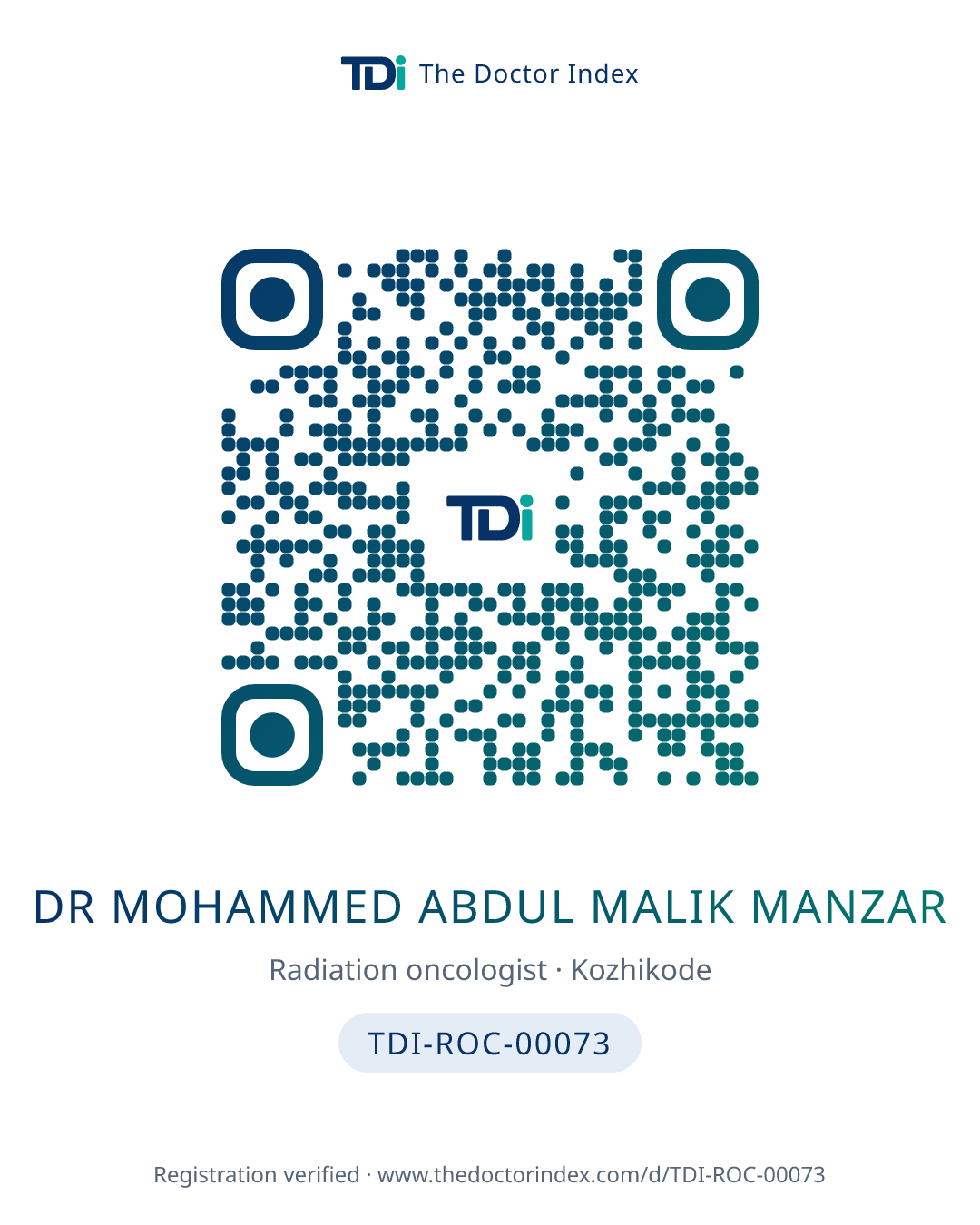 QR card for Dr Mohammed Abdul Malik Manzar, TDI-ROC-00073