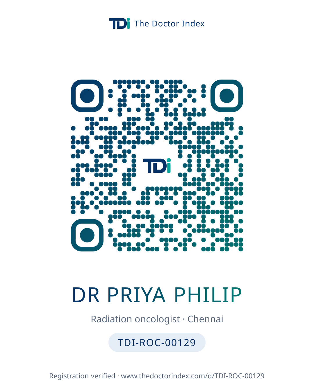QR card for Dr Priya Philip, TDI-ROC-00129