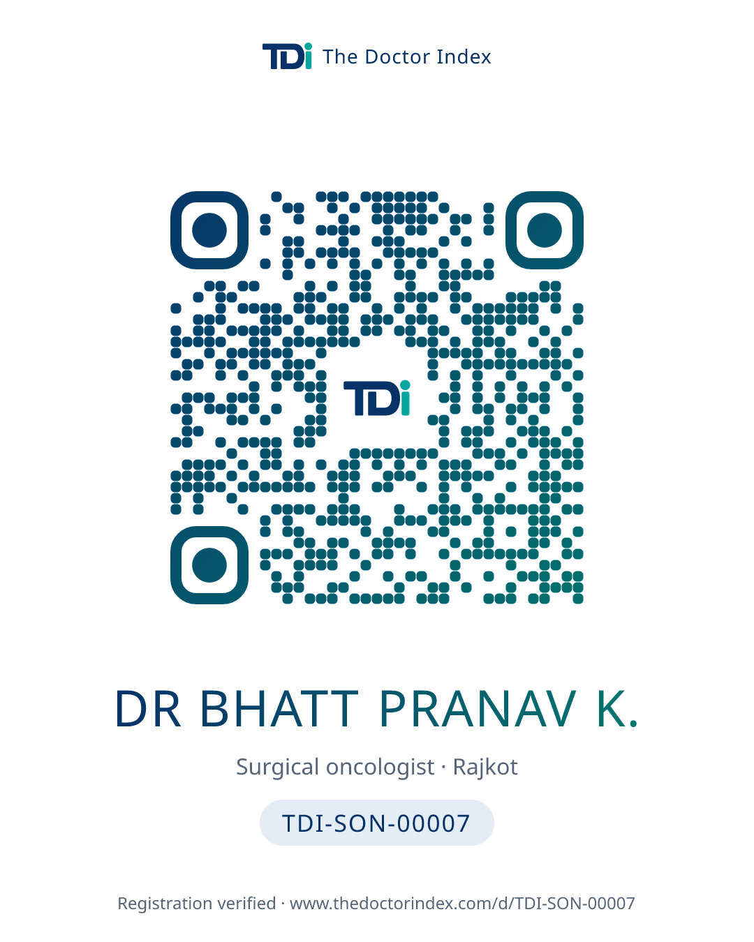 QR card for Dr Bhatt Pranav K., TDI-SON-00007