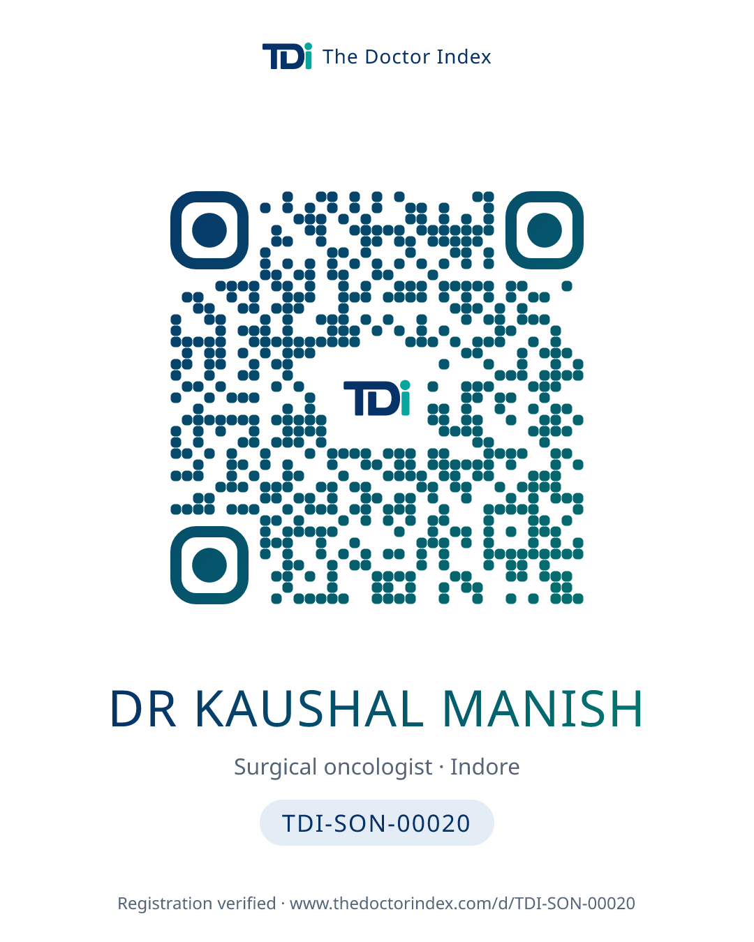 QR card for Dr Kaushal Manish, TDI-SON-00020