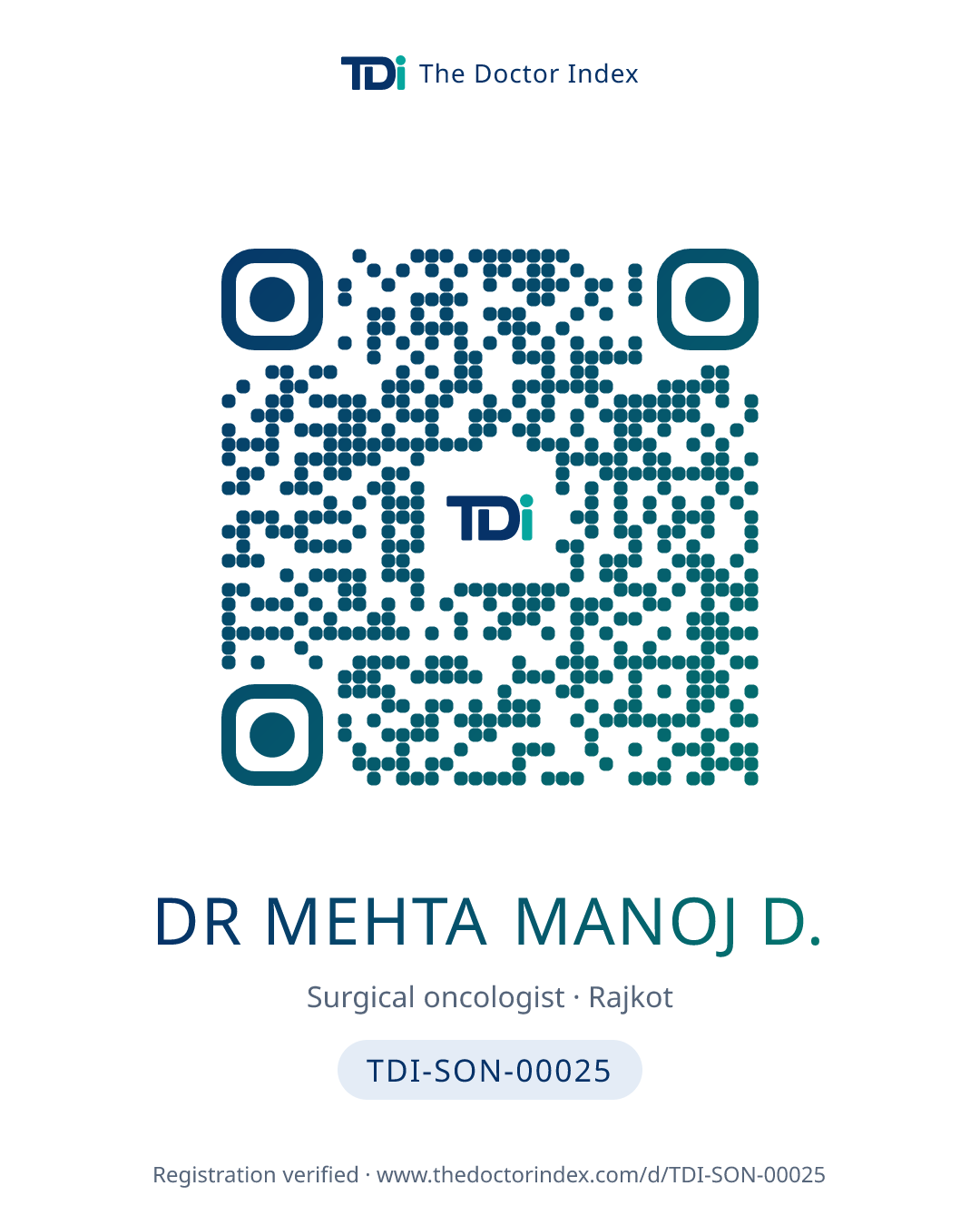 QR card for Dr Mehta Manoj D., TDI-SON-00025