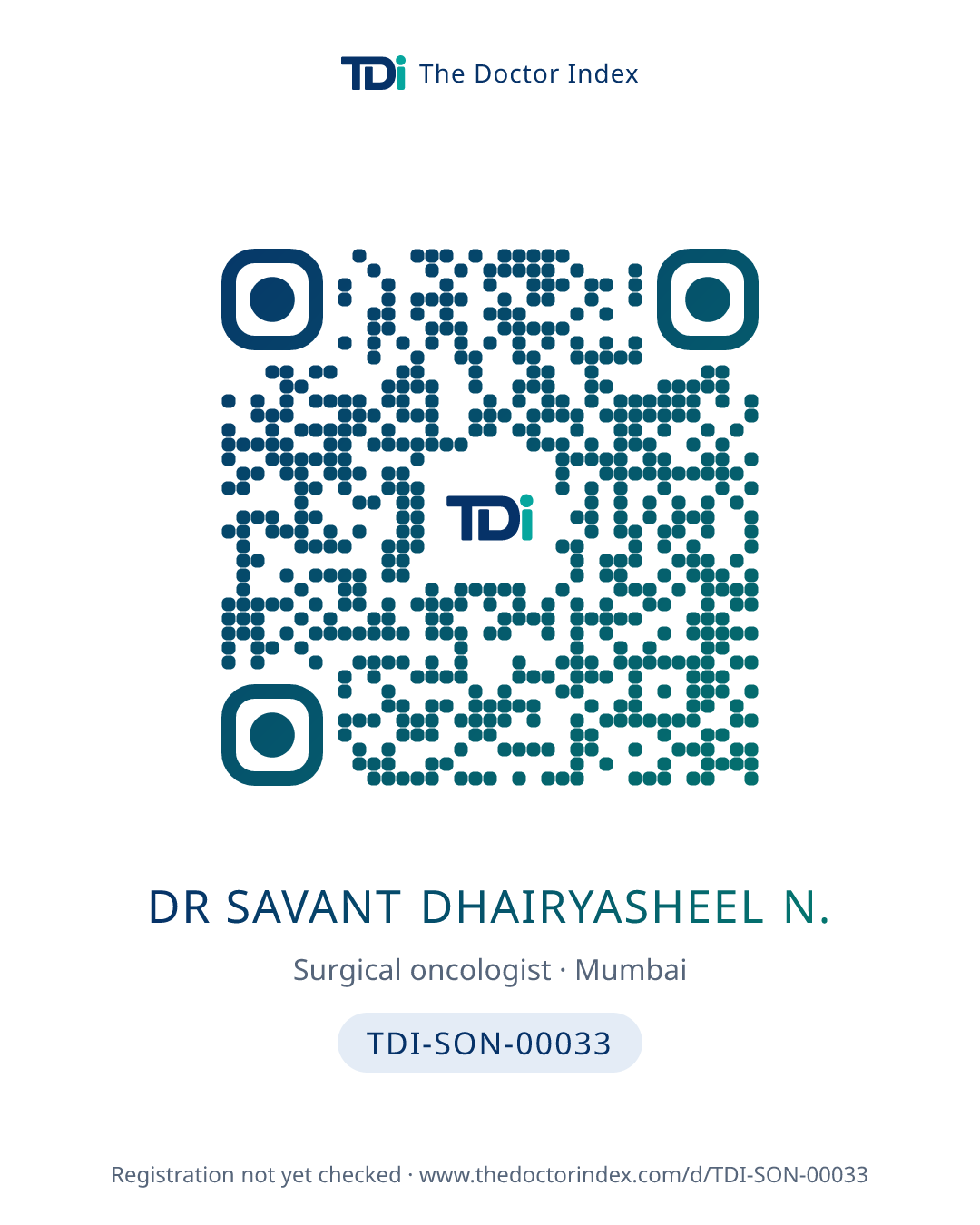 QR card for Dr Savant Dhairyasheel N., TDI-SON-00033