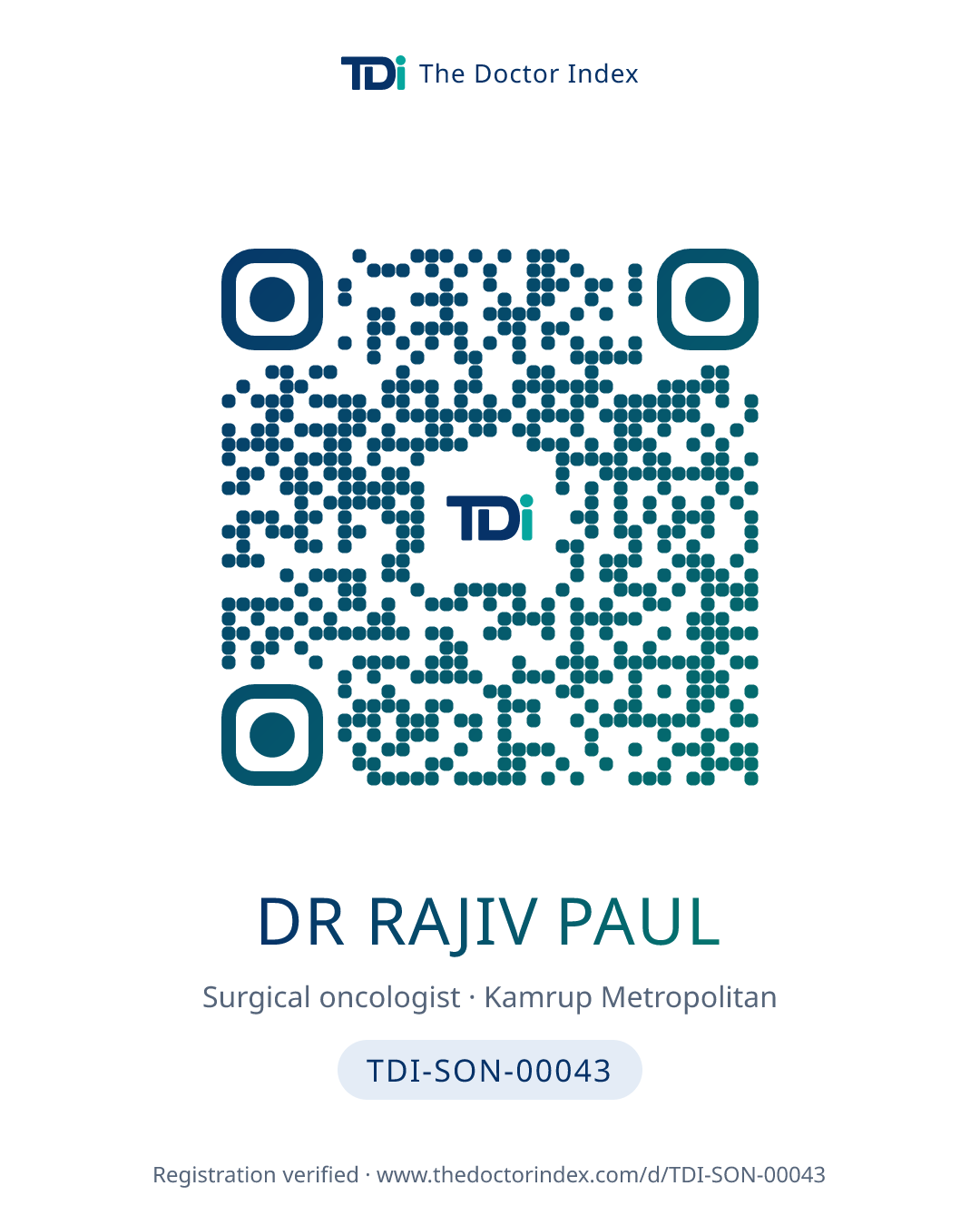 QR card for Dr Rajiv Paul, TDI-SON-00043