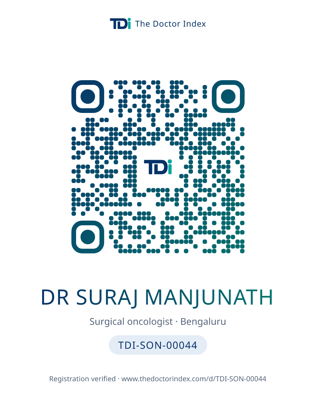 QR card for Dr Suraj Manjunath, TDI-SON-00044